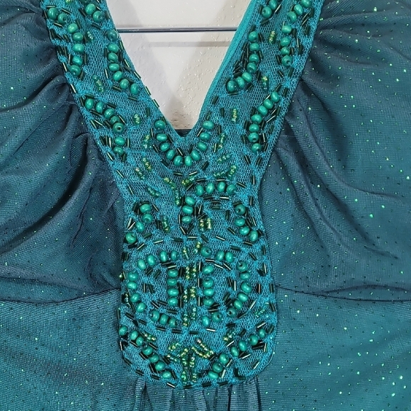 Y2K Vintage Sparkly Beaded Halter Maxi Gown Dress Size 10 Green Ombre Formal 90s - Picture 6 of 13
